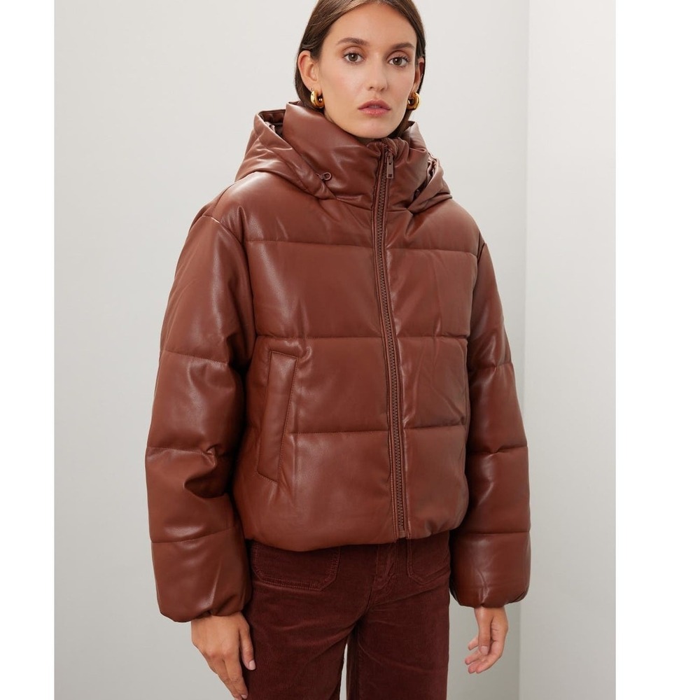 OOF WEAR Faux Leather Puffer Jacket Brown Zip Up Hooded Sz 42 / 6 US